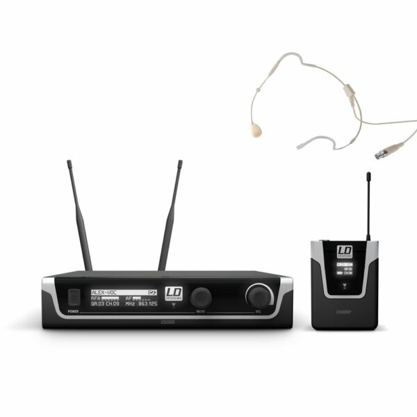 LD  U508BPHH - Sistema de micrófono inalámbrico con petaca, receptor y micrófono de diadema de color de la piel, Transmisor rango de frecuencia 823 - 832 MHz , 863 - 865 MHz
