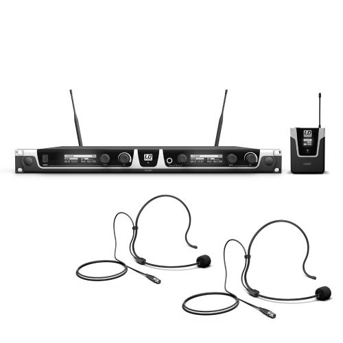 LD  U508BPH2 - Sistema de micrófono inalámbrico doble  True Diversity, con 2 petacas y 2 micrófonos de diadema de color negro de la serie U500