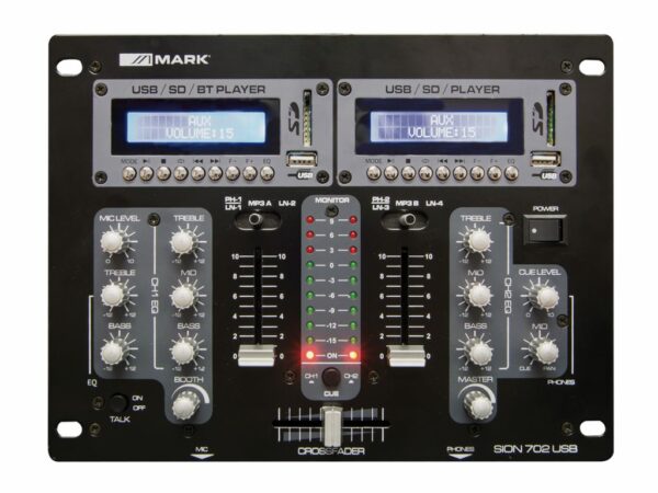 MARK SION 702 USB - Mesa de mezclas analógica DJ. 2 canales estéreo. Reproductor USB/SD/ BT doble. Crossfader