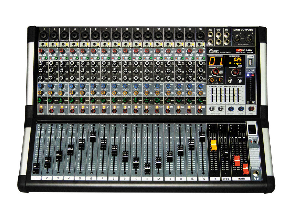 MARK - MM 1699 USB BT - Mesa de mezclas analógica de PA, 16 Ch. Phantom. Grabador/reproductor USB. Bluetooth. Efectos.