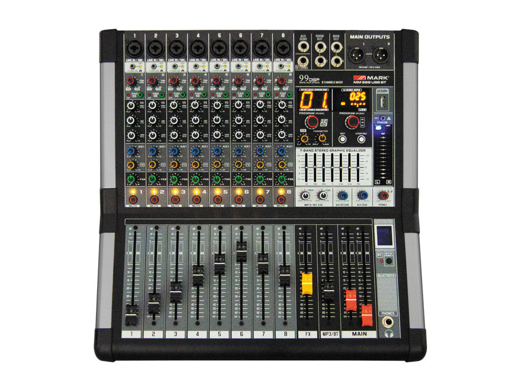 MARK MM 899 USB BT - Mesa de mezclas analógica de PA, 8 Ch. Phantom. Grabador/reproductor USB. Bluetooth. Efectos.