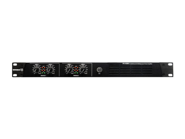 WORK - PA 4500 L - Amplificador línea 100 V. de instalación de 4 canales , 4x500W. L70/100V. Fuente conmutada, amplificador clase D. 1 Unidad de rack 19".
