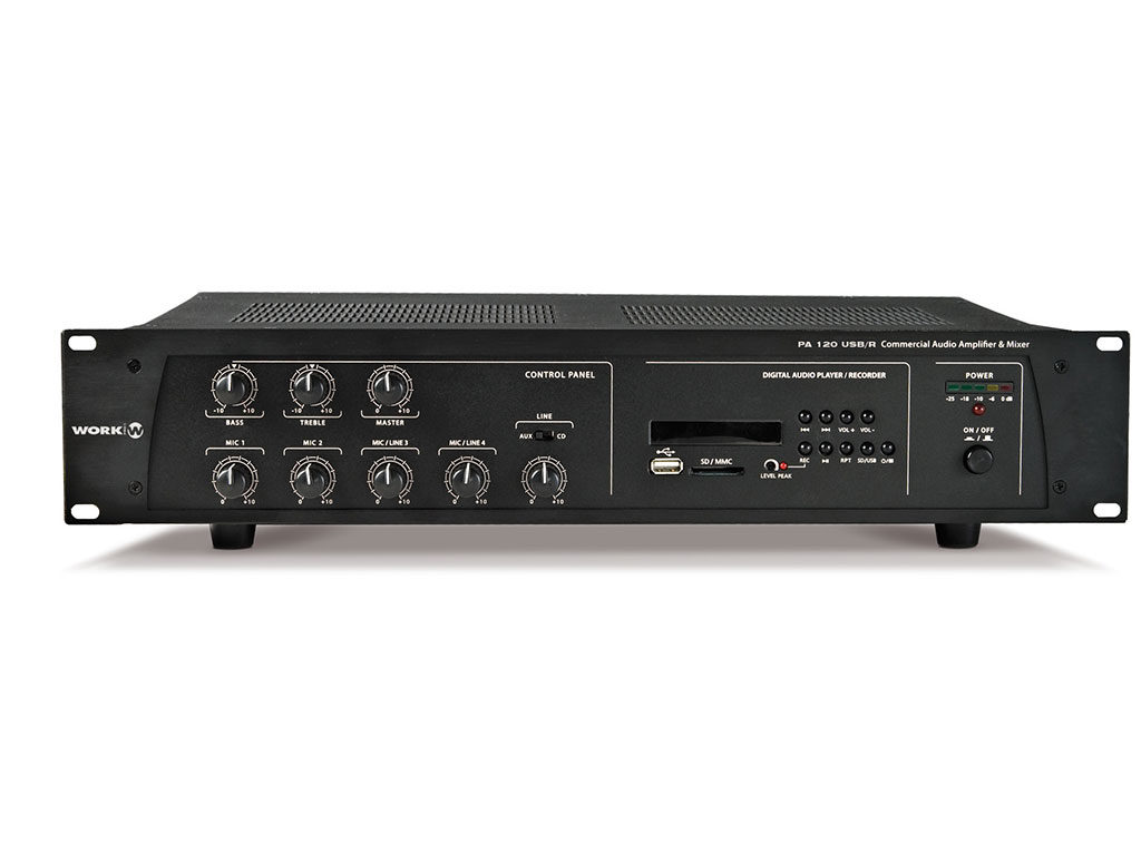 WORK - PA 120 USB/R - Amplificador línea 100V. mezclador , Reproductor/grabador, multimedia 0V. Interfaz ,120 W @ 4/8/16 Ohm, L25/70/10z USB/MP3.