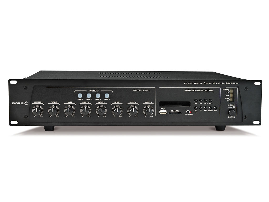 WORK - PA 240 USB/R - Amplificador línea 100 V. mezclador, Reproductor/grabador , multimedia 0V. Interfaz , 4 Zonas, 240W @ 4/8/16 Ohm, L25/70/10z USB/MP3.