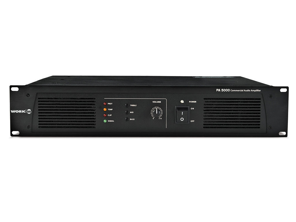 WORK - PA 5000 - AMPLIFICADOR línea 100 V. de instalación , Línea 100 V. ,Potencia de salida (RMS): 480W. @ 4/8 Ohm, L70/100V. Ecualizador de tres bandas.