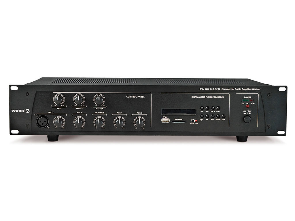 WORK - PA 60 USB/R - Amplificador línea 100V. ,mezclador , Reproductor/grabador, multimedia 0V. Interfaz , 60 W @ 4/8/16 Ohm, L25/70/10z USB/MP3.