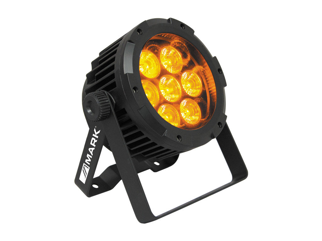 MARK PARLED 126 6 IP - Foco PAR LED IP65 , 126W. 7 x 18 LED RGBWAUV , DMX Ch: 6/10. Apertura 45º. 15 variaciones fijas de color y nivel de atenuación manual de cada color.