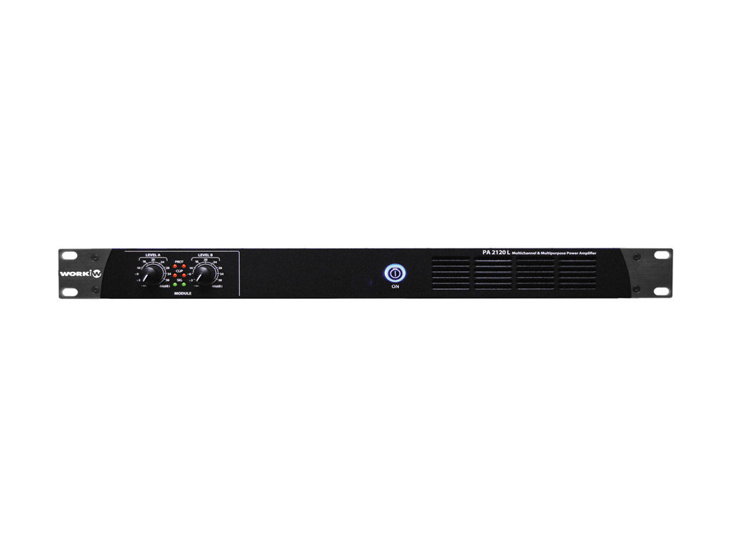 WORK - PA 2120 L - Amplificador línea 100 V. de instalación de 2 canales , 2x120W. L70/100V. Fuente conmutada, amplificador clase D. 1 Unidad de rack 19".