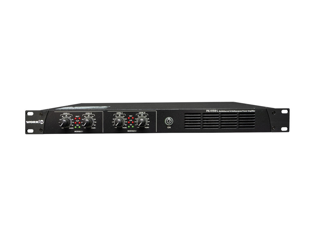 WORK - PRO - PA 4150 L - Amplificador línea 100 V. de instalación de 4 canales , 4x150W. L70/100V. Fuente conmutada, amplificador clase D. 1 Unidad de rack 19".
