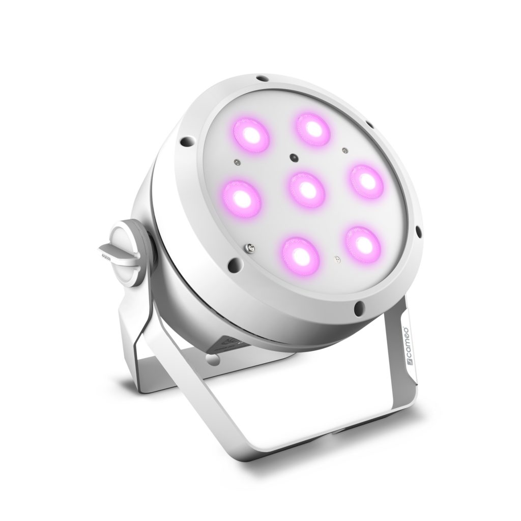 Cameo ROOT PAR 4 WH - FOCO FLAT PAR LED , con 7 x 4 W. RGBAW  , potencia lumínica 1.350 lm. carcasa color blanco.