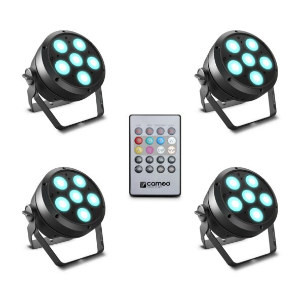Cameo ROOT PAR 6 SET 1 - Focos PAR LED Set, 6 X 12 W. RGBWA + UV , compuesto por 4 x CLROOTPAR6 incluyendo un control remoto IR (CLPFLAT1REMOTE)