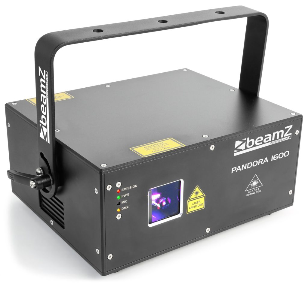BEAMZ Profesional - LASER RGB TTL PANDORA 1600 , funciona con modulacion de color TTL, lo que significa que puede crear 7 colores a plena intensidad. El laser puede controlarse por ILDA y DMX o de forma Autónoma o ritmo de la música.