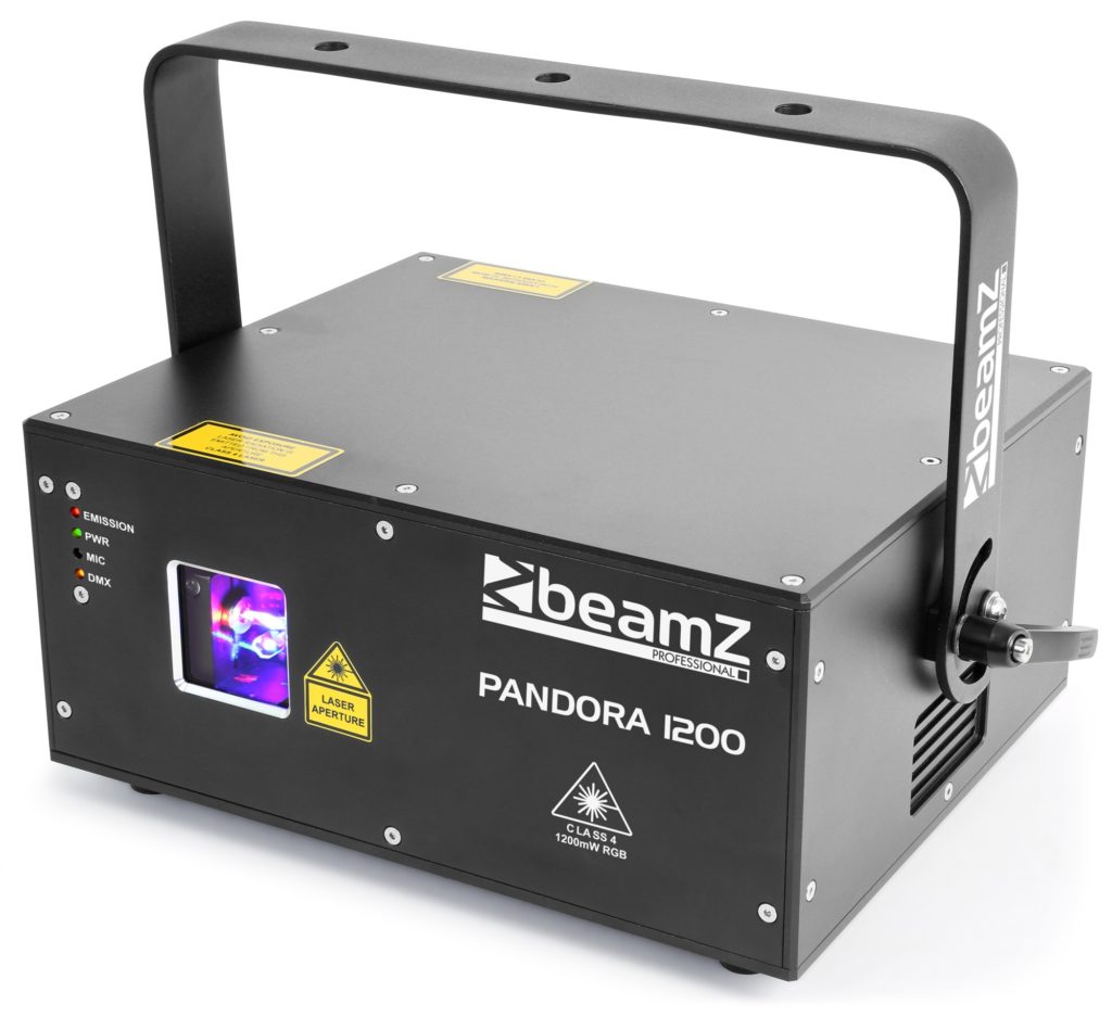 BEAMZ Profesional LASER RGB TTL PANDORA 1200 ,Modulación de color TTL, lo que significa que puede crear 7 colores a plena intensidad .El láser puede controlarse por ILDA y DMX o de forma Autónoma o ritmo de la música.