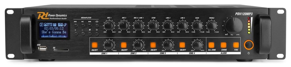 POWER DYNAMICS AUDIO PDV120MP3 - Amplificador línea 100V. mezclador multimedia, 120W. 4 ZONAS.