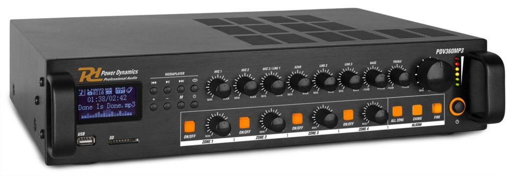 POWER DYNAMICS AUDIO PDV360MP3 - Amplificador línea 100V. mezclador multimedia, 360 W. 4 ZONAS