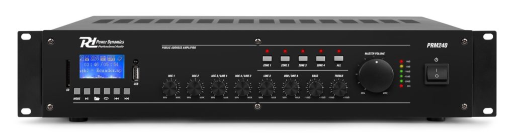 POWER DYNAMICS AUDIO PRM240 - Amplificador línea 100 V. Mezclador multimedia 6 CANALES 4-ZONAS 240W. para instalaciones.