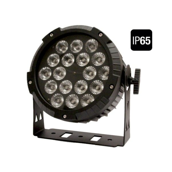 FOS PAR 18X10WPRO IP65 - Par LED de aluminio resistente a la intemperie con conectores IP, Apertura del haz: 30 °, 18 LED RGBW 10w (4en1) Atenuador: 0-100% efecto stop / estroboscópico, aluminio 4kg, sistema de refrigeración silencioso.