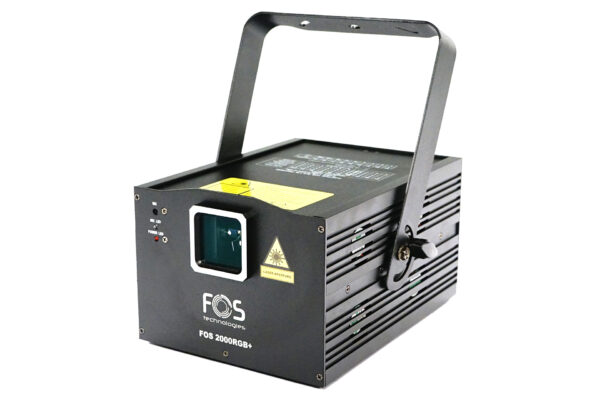 FOS 2000RGB - Láser RGB de alta calidad con 25 escáneres KPPS, Láser: R: 300mW + G: 300mW + B: 900mW, Longitud de onda: R: 635nm + G: 532nm + B: 450nm, Sonido activo, AUTO, ILDA PC, DMX512 (12 canales)
