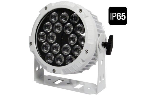 FOS PAR 18X10WPRO IP65 PEARL - Carcasa de aluminio blanco resistente a la intemperie led par con conectores IP, Apertura del haz: 30 °, 18 LED RGBW 10w (4in1) Atenuador: 0-100% efecto stop / estroboscópico, aluminio 4kg, sistema de refrigeración silencioso.