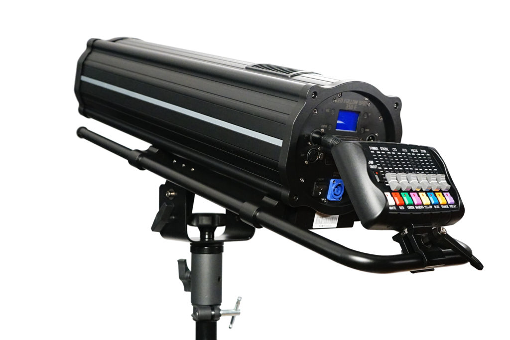 FOS LED FOLLOW SPOT 350 - Spot de seguimiento profesional con zoom y enfoque electrónicos, fuente de LED 350 vatios 8000 K, 24000 lm, rueda de colores 7 colores + blanco abierto, rueda CTO? 3200k + 4500k + 5600k, Ángulo de haz: 7 ° -13 °. 13 kg