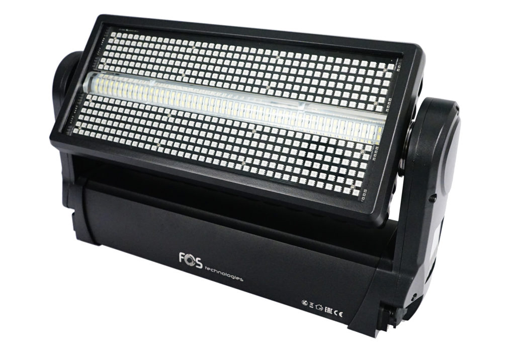 FOS CYCLONE PRO - Potente estroboscopio móvil IP65, 480 leds RGB 3 en 1 en secciones de 8 píxeles, 144 leds 5 vatios - 6500k Blanco en secciones de 4 píxeles, Movimiento de inclinación 185 grados, Efectos macro LED, Atenuador lineal 0-100, Efecto estroboscópico de 20 HZ, Potencia real 1000w