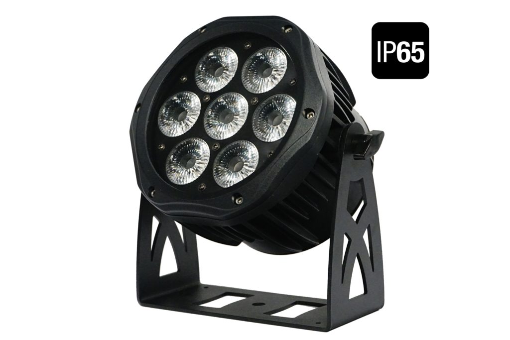 FOS TOURING PAR 7X15 IP HEX - Par led de aluminio resistente a la intemperie con conectores IP True powercon, apertura del haz: 25 °, 7 LED RGBW + ámbar + UV 15w (6 in1) Atenuador: 0-100% efecto stop / estroboscópico, aluminio 3 kg, sistema de refrigeración silencioso.
