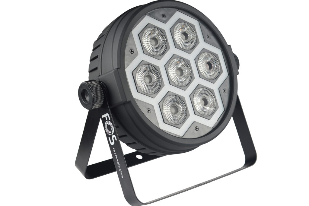 FOS PAR AURORA - Led Par de última tecnología con efecto NEON, leds RGBW 4in1 de 7x12 vatios y leds RGB de 60 x 0,2 vatios para el efecto de píxel neón, ángulo de haz de 26 grados, control remoto IR, temperatura de color lineal CTB y CTO, programación de Bult, entrada / salida de powercon, 2,2 kg