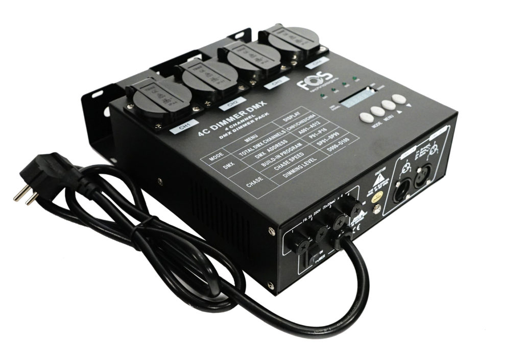 FOS 4CH DIMMER DMX - Paquete de atenuación DMX de 4 canales, 6,3 A / canal, máximo 16 A en total 4 salidas, función de persecución independiente, 110-220 V CA / 60 Hz, peso: 2,7 kg, tamaño de la unidad: 260 x 190 x 75 mm.