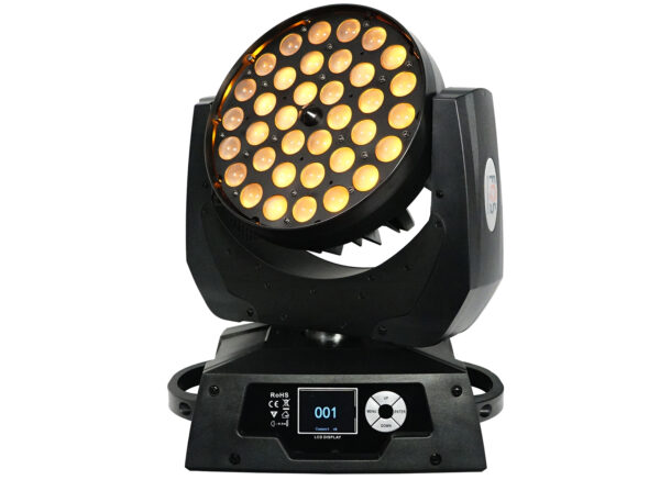 FOS WASH 600 HEX - Super Bright Wash Led moving head, 36 RGBWAUV 18w 6in1 Tianxin LEDs RGB-White - Amber - UV, Zoom 15-60°, Preset color macros ,Dimmer: 0-100% , stop/strobe effect 1-25hz, LCD display, 9.5 kg