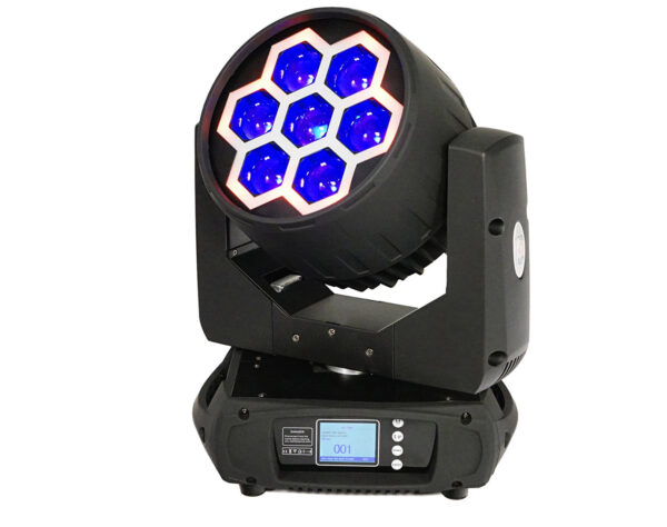 FOS AURORA - Super Bright Beam/Wash moving head, 7 leds 40watt 4in1 RGBW, 7 pixel control rings , 6-60° Electronic Zoom, graphic effect macros, 0-100% linear dimmer, powercon in/out.