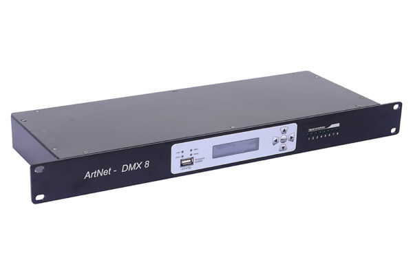 FOS ARTNET FOS CONTROLLER PRO - Nodo Art-Net y un divisor óptico, 8 puertos de salida ópticamente aislados, modos de funcionamiento variables para todas las salidas DMX, Soporta ArtNet (V4) y DMX, 2 conectores Ethernet RJ45 TCP / IP 10 / 100M, indicador LED para cada salida.