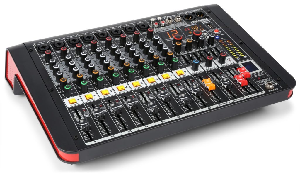 Power Dynamics - PDM-M804A MEZCLADOR DIRECTO AMPLIFICADO 8 CANALES, 2 x 200 W. RMS, Incluye mute y solo en cada canal, reproductor por USB con display digital y receptor BT para audio streaming durante las pausas
