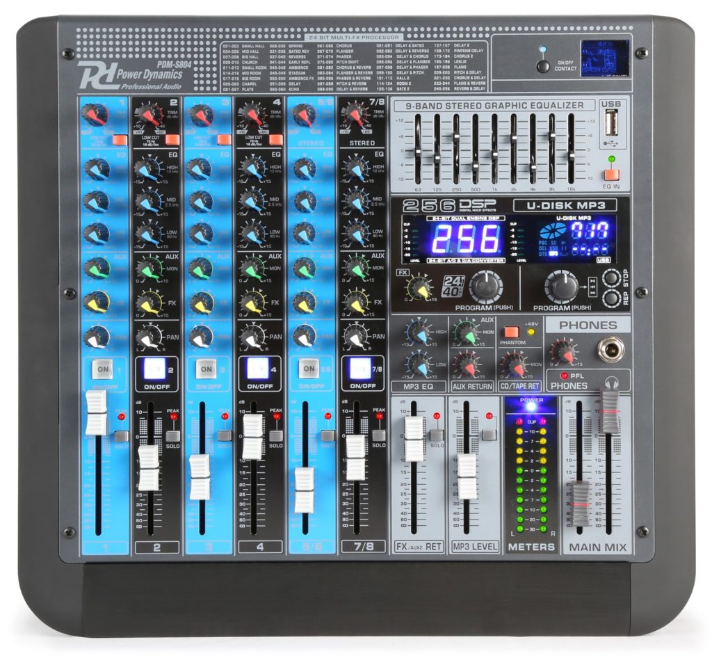 Power Dynamics - PDM-S804 -  MEZCLADOR ANALOGICO 8 CANALES PROFESIONAL, con reproductor de MP3 por USB integrado y receptor de BT para audio streaming.