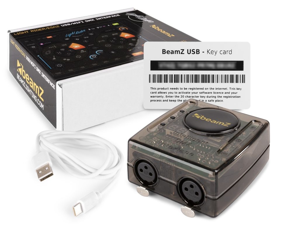 BeamZ -  LIGHT RIDER/ESA2 -  INTERFACE USB/WIFI DMX, Los canales DMX pueden expandirse hasta 2x 512 canales (via www.dmxsoft.com)