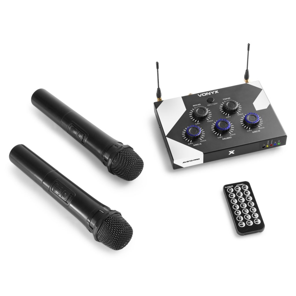 VONYX - AV510 CONTROLADOR DE MICROS KARAOKE PRO - El AV510 es un conjunto 2-en-1 de 2 micrófonos inalámbricos UHF karaoke y mezclador de sonido. Incluye receptor BT para music streaming y emparejarse fácilmente con cualquier elemento BT como smartphones, tabletas, portátiles y PCs.