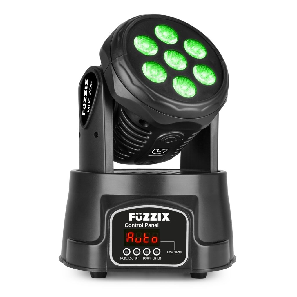 FUZZIX - MHC706 CABEZA MOVIL WASH 7X 6W RGBW - Cabeza movil LED compacta para uso wash en bares, clubs, disco movil y escenarios. Con LEDs 7x 6W 4-en-1 produce un potente show de luces con una mezcla perfecta de color. Crea rayos de 19°, 9 y 14 canales DMX, strobe color, dimmer electrónico, etc.