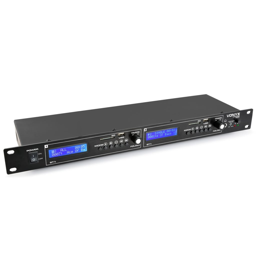 VONYX - VX2USB MK2 DOBLE REPRODUCTOR USB/SD/BT - Reproductor USB-SD-BT de 2 canales en una carcasa compacta de 1U adecuada para uso independiente o como montaje de 19 ". Ambos reproductores ademas puede reproducir por streaming desde su movil o portatil a través de BT