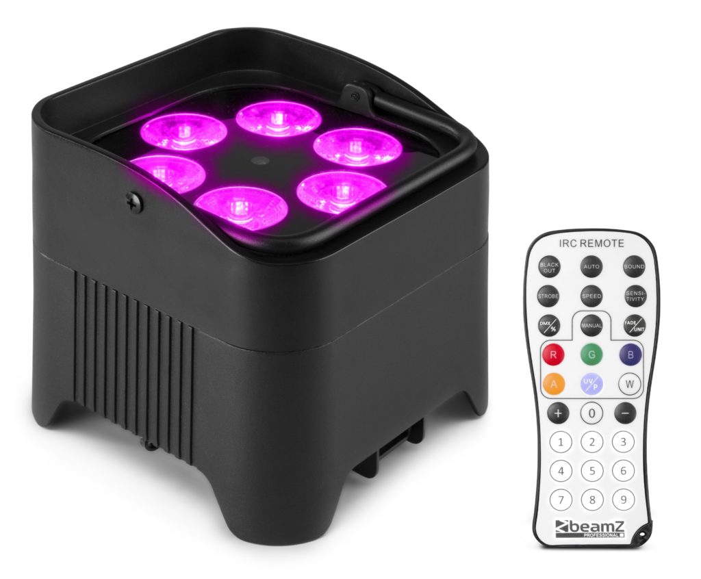 BeamZ - BBP96S - FOCO PAR CON BATERIA 6X 12W WDMX, Led 6x 12W 6-en-1 RGBAW-UV Receptor DMX inalambrico integrado, Hasta 9 horas de trabajo (dependiendo de la intensidad) Recarga rapida en solo 3 horas DMX y Autonomo