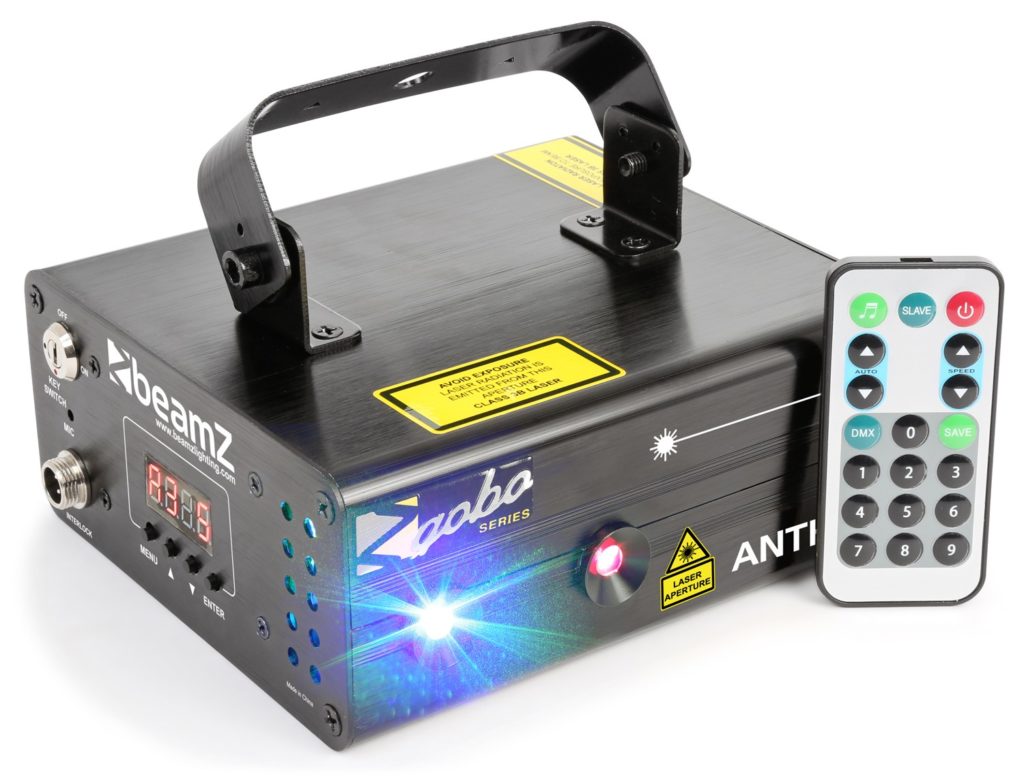 BeamZ Pro - ANTHE II DOBLE LASER 600MW RGB GOBO DMX IRC, Rojo (250mW) Verde (100mW) y Azul (250mW) DMX y Autonomo, Laser con 12 gobos Shows Pre programados Ritmo de la musica