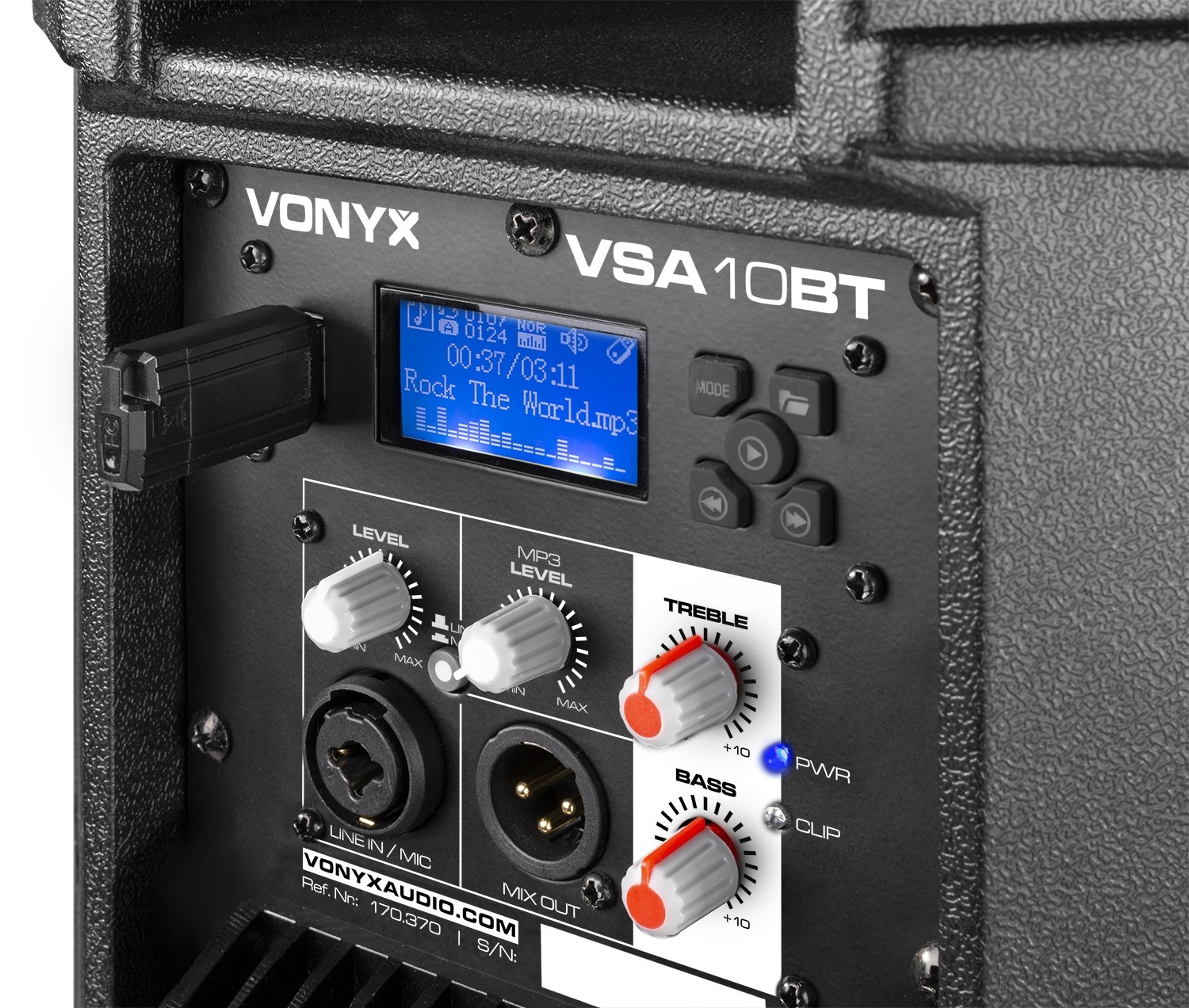 Vonyx – VSA10BT – ALTAVOCES ACTIVOS BI-AMPLIFICADOS 10″ 500W BT/MP3, Output  power: Max 500W Output power 250W Frequency response 60Hz – 18.000Hz  Diameter tweeter 1″ Tweeter type ,High Compression Driver Diameter woofer  10″ – dBS