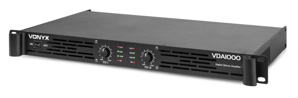VONYX -  VDA1000 -  AMPLIFICADOR PA 1U 2X 500W, Output power	1000W Speaker connections	Speaker 4-pin Impedance 4 - 8 Ohm