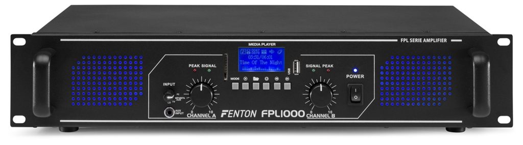 FENTON - FPL1000 - AMPLIFICADOR DIGITAL LED AZULES + EQ, Utiliza tecnologia BT para audio streaming Reproductor media integrado Mando a distancia IR USB y SD slot, 4 entradas estereo seleccionables