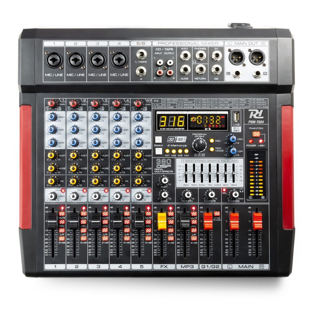 Power Dynamics - PDM-T604 - MEZCLADOR DE DIRECTO 6 CANALES DSP/MP3, equipados con un procesador de efectos DSP de 32 bits, ecualizador gráfico estéreo de 7 bandas, capacidad de transmisión BT y entrada/salida USB