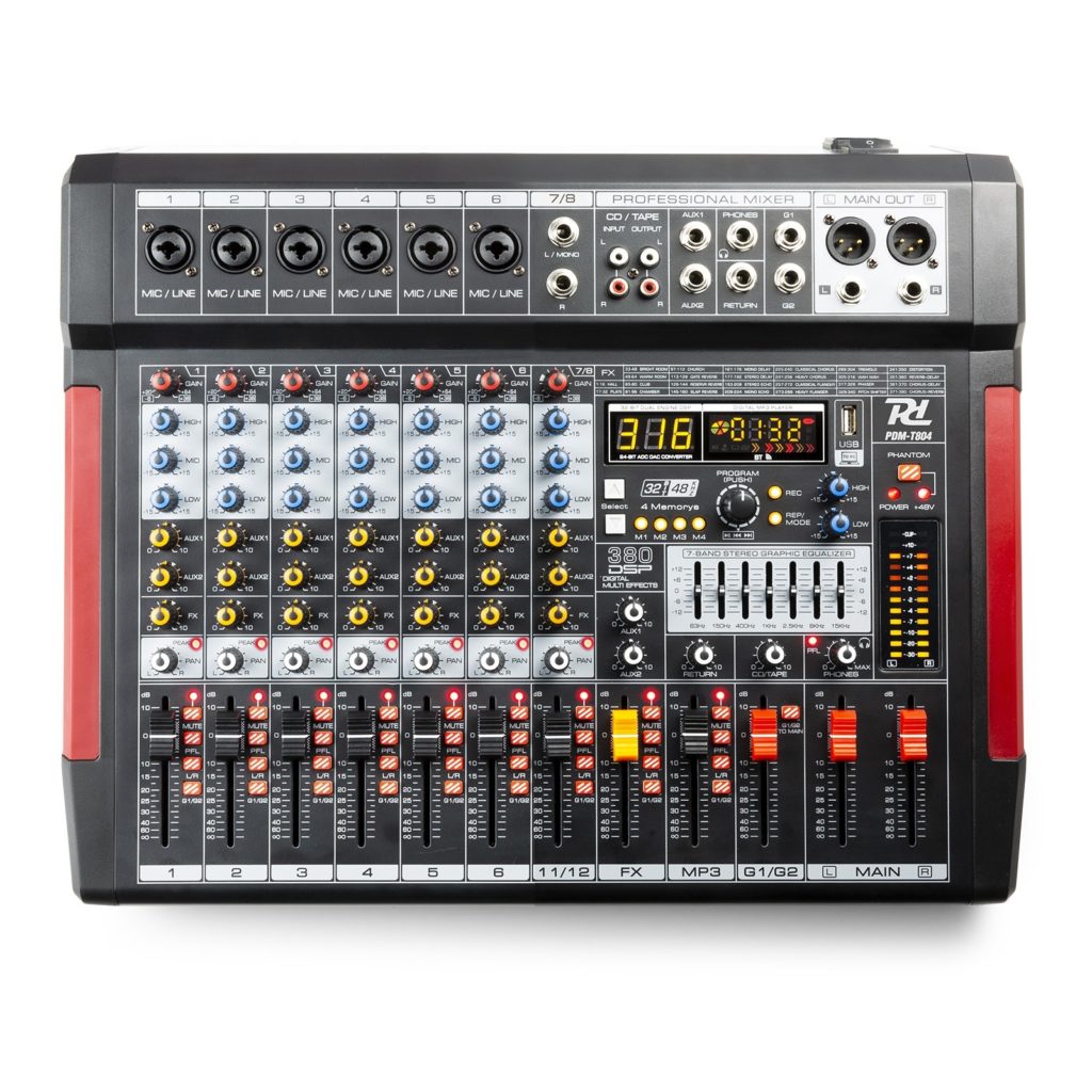 Power Dynamics - PDM-T804 MEZCLADOR DE DIRECTO 8 CANALES DSP/MP3, equipados con un procesador de efectos DSP de 32 bits, ecualizador gráfico estéreo de 7 bandas, capacidad de transmisión BT y entrada/salida USB
