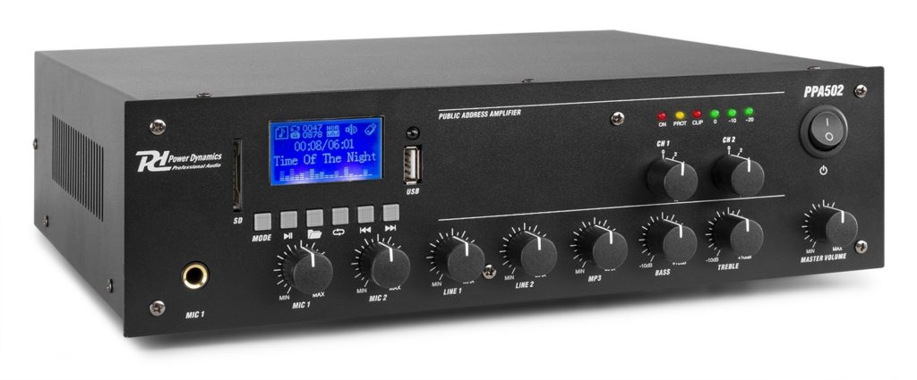 Power Dynamics - PPA502 - MEZCLADOR AMPLIFICADOR 100V - 50W 2 ZONAS, Impedance 100V, 70V, 8 Ohm, Reproductor MP3 con USB y SD Receptor de BT para audio streaming Ecualizador interno para MP3 Mando a distancia IR