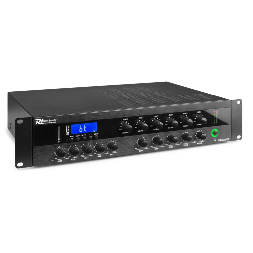 Power Dynamics - PDW360MP3 - MEZCLADOR AMPLIFICADO PA 360W/100V 6 ZONAS, Reproductor multimedia integrado con FM, USB y SD Receptor BT para audio streaming, Clase-D 100V/70V o 16, 8 ,4 Ohm, alimentación Phanton
