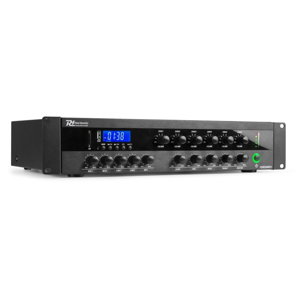 Power Dynamics - PDW500MP3 - MEZCLADOR AMPLIFICADO PA 500W/100V 6 ZONAS, Reproductor multimedia integrado con FM, USB y SD Receptor BT para audio streaming, Clase-D 100V/70V o 16, 8 ,4 Ohm, alimentación Phanton