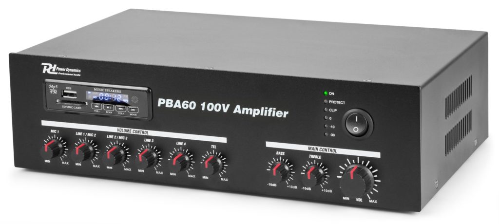 Power Dynamics - PBA60 - AMPLIFICADOR LINEA 100V 60W, Reproductor MP3 via USB y SD Receptor BT para audio streaming Ecualizador incorporado con presets Mando a distancia IR Linea 100V / 70V o 16, 8 ,4 Ohmios