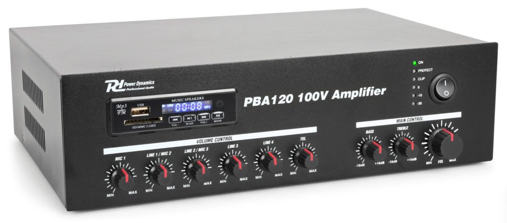Power Dynamics - PBA120 - AMPLIFICADOR LINEA 100V 120W, Reproductor MP3 via USB y SD Receptor BT para audio streaming Ecualizador incorporado con presets Mando a distancia IR Linea 100V / 70V o 16, 8 ,4 Ohmios