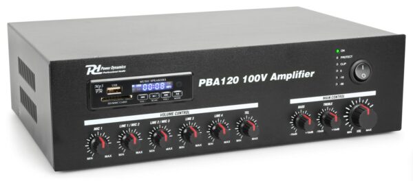 Power Dynamics -  PBA120 - AMPLIFICADOR LINEA 100V 120W, Reproductor MP3 via USB y SD Receptor BT para audio streaming Ecualizador incorporado con presets Mando a distancia IR Linea 100V / 70V o 16, 8 ,4 Ohmios